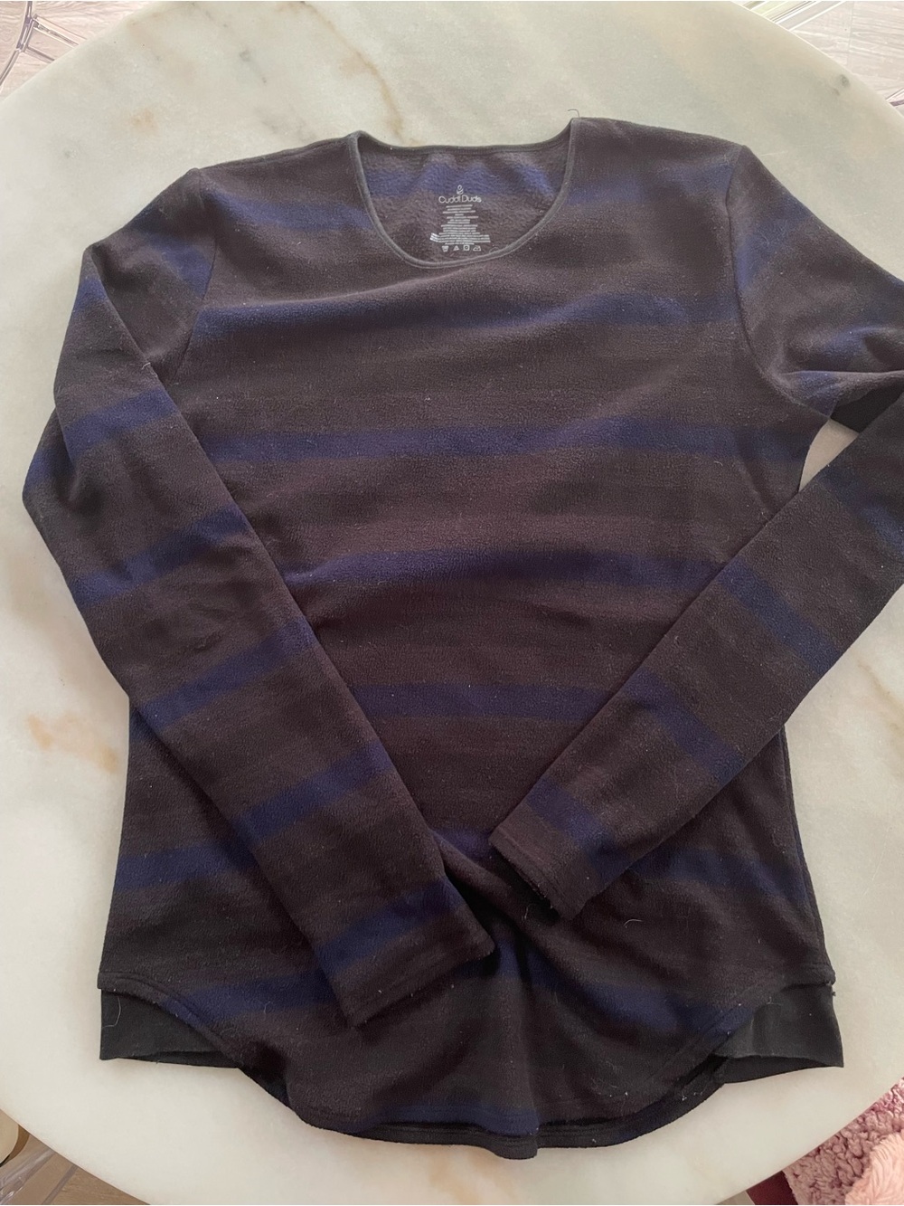 Cuddl Duds Women's Black and Navy Striped Crew Neck Sweater